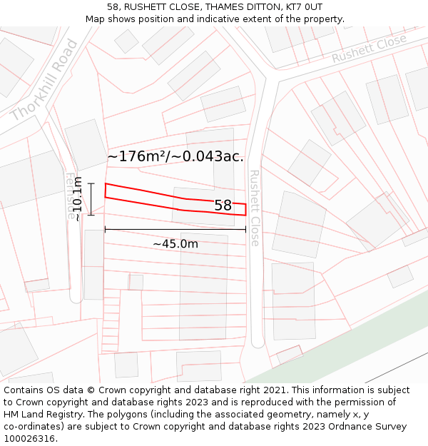 58, RUSHETT CLOSE, THAMES DITTON, KT7 0UT: Plot and title map