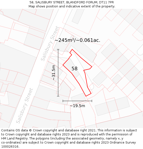58, SALISBURY STREET, BLANDFORD FORUM, DT11 7PR: Plot and title map