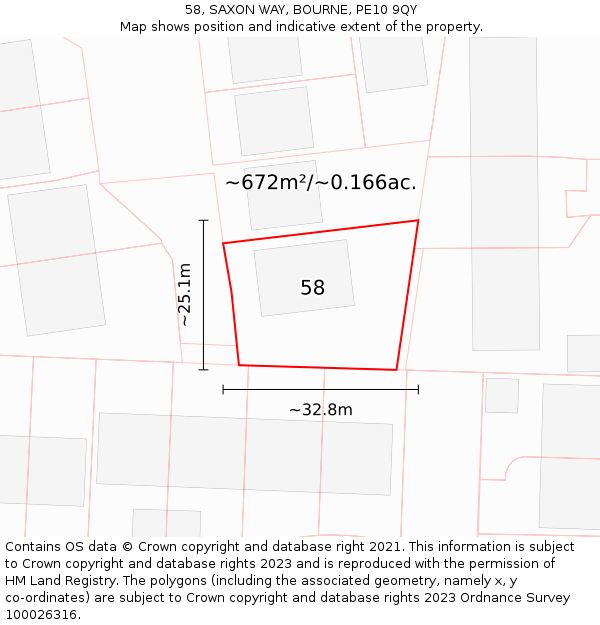 58, SAXON WAY, BOURNE, PE10 9QY: Plot and title map