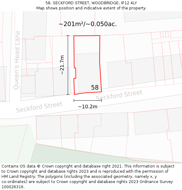 58, SECKFORD STREET, WOODBRIDGE, IP12 4LY: Plot and title map