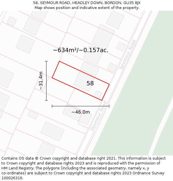 58, SEYMOUR ROAD, HEADLEY DOWN, BORDON, GU35 8JX: Plot and title map