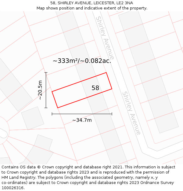 58, SHIRLEY AVENUE, LEICESTER, LE2 3NA: Plot and title map