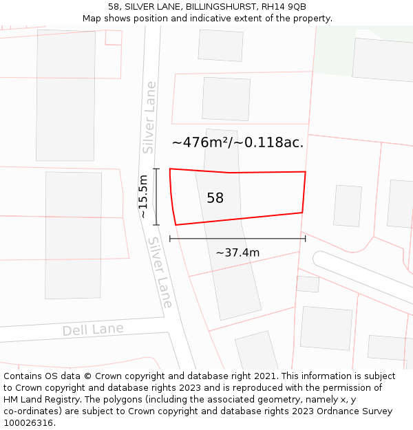 58, SILVER LANE, BILLINGSHURST, RH14 9QB: Plot and title map