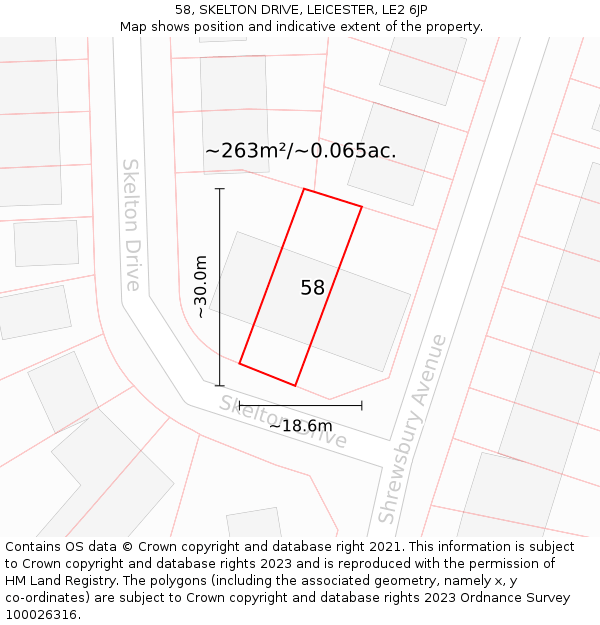 58, SKELTON DRIVE, LEICESTER, LE2 6JP: Plot and title map