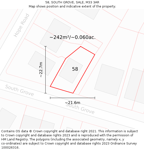 58, SOUTH GROVE, SALE, M33 3AR: Plot and title map