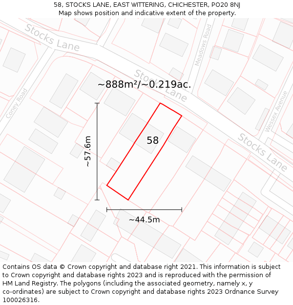 58, STOCKS LANE, EAST WITTERING, CHICHESTER, PO20 8NJ: Plot and title map