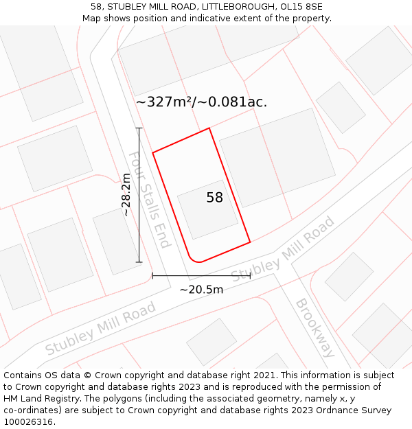 58, STUBLEY MILL ROAD, LITTLEBOROUGH, OL15 8SE: Plot and title map