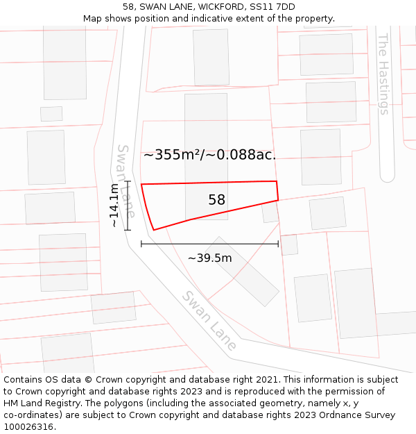 58, SWAN LANE, WICKFORD, SS11 7DD: Plot and title map