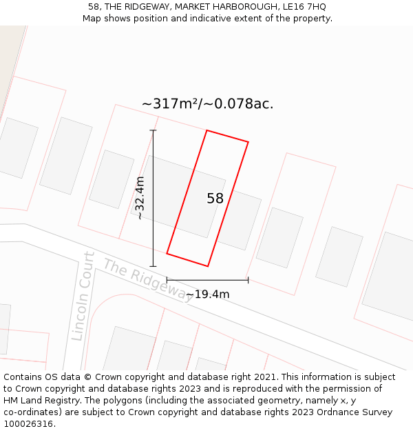 58, THE RIDGEWAY, MARKET HARBOROUGH, LE16 7HQ: Plot and title map