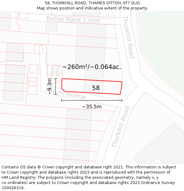 58, THORKHILL ROAD, THAMES DITTON, KT7 0UG: Plot and title map