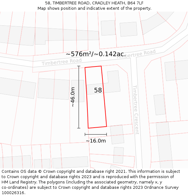 58, TIMBERTREE ROAD, CRADLEY HEATH, B64 7LF: Plot and title map