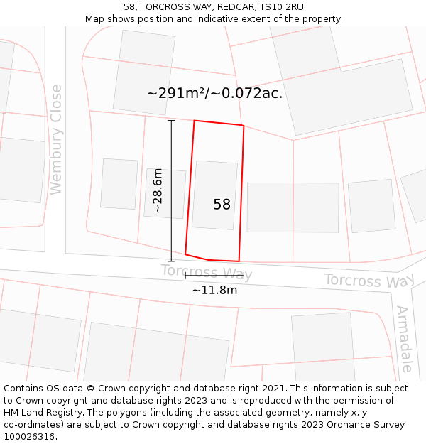 58, TORCROSS WAY, REDCAR, TS10 2RU: Plot and title map