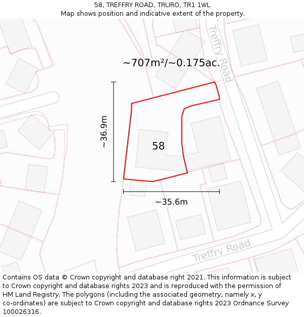 58, TREFFRY ROAD, TRURO, TR1 1WL: Plot and title map