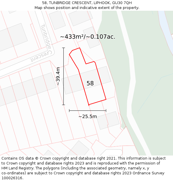 58, TUNBRIDGE CRESCENT, LIPHOOK, GU30 7QH: Plot and title map