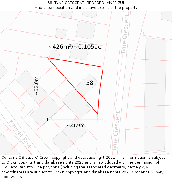 58, TYNE CRESCENT, BEDFORD, MK41 7UL: Plot and title map