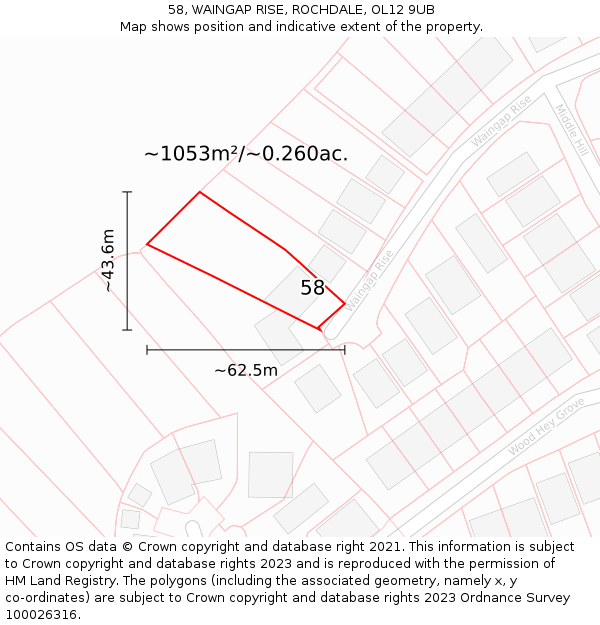 58, WAINGAP RISE, ROCHDALE, OL12 9UB: Plot and title map