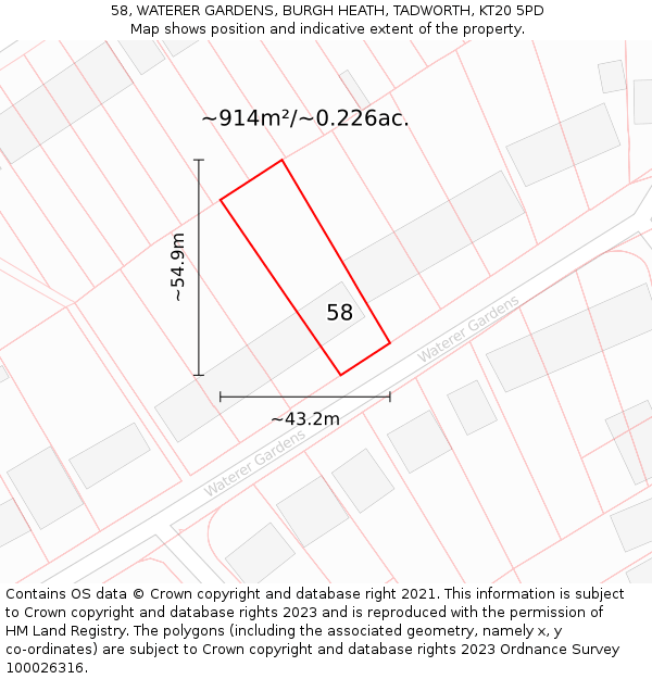 58, WATERER GARDENS, BURGH HEATH, TADWORTH, KT20 5PD: Plot and title map