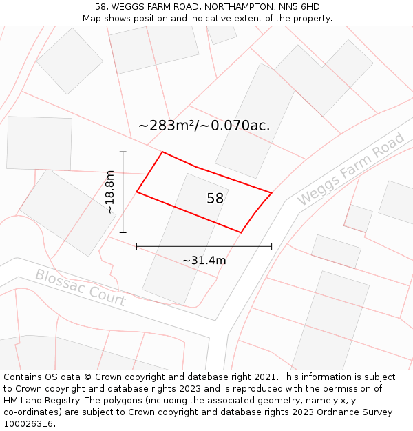 58, WEGGS FARM ROAD, NORTHAMPTON, NN5 6HD: Plot and title map