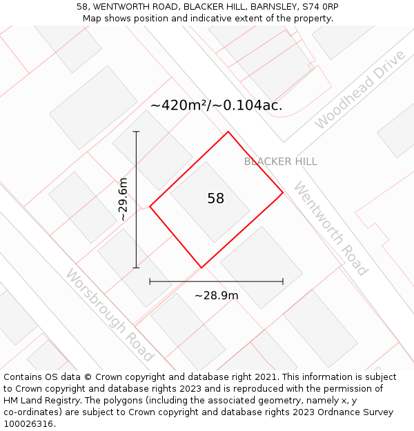 58, WENTWORTH ROAD, BLACKER HILL, BARNSLEY, S74 0RP: Plot and title map