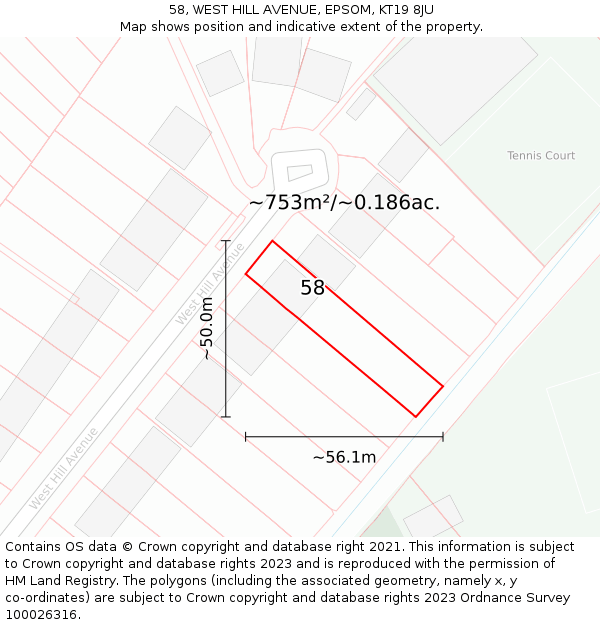 58, WEST HILL AVENUE, EPSOM, KT19 8JU: Plot and title map