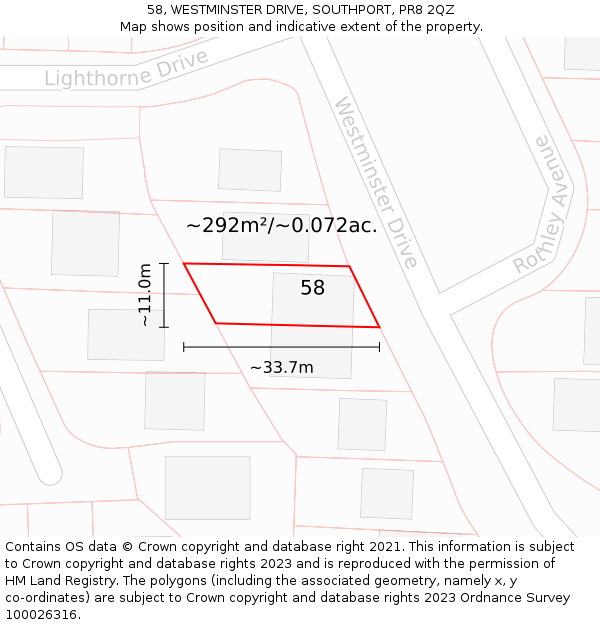 58, WESTMINSTER DRIVE, SOUTHPORT, PR8 2QZ: Plot and title map