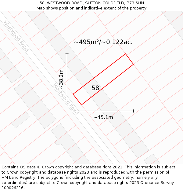 58, WESTWOOD ROAD, SUTTON COLDFIELD, B73 6UN: Plot and title map