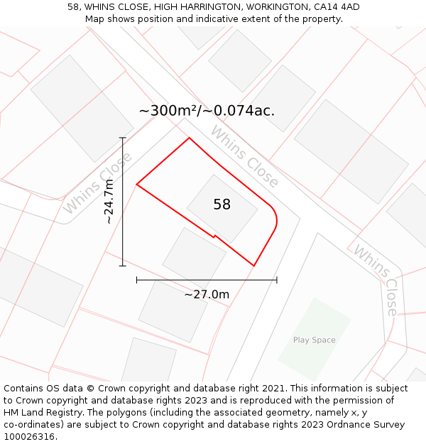 58, WHINS CLOSE, HIGH HARRINGTON, WORKINGTON, CA14 4AD: Plot and title map