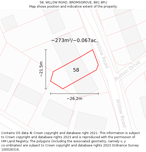 58, WILLOW ROAD, BROMSGROVE, B61 8PU: Plot and title map