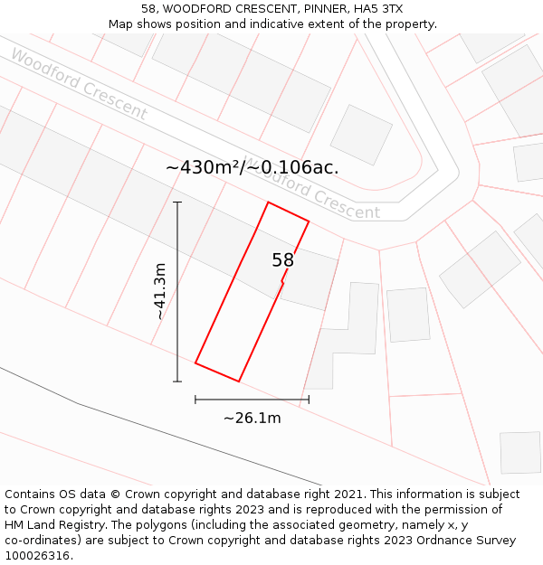 58, WOODFORD CRESCENT, PINNER, HA5 3TX: Plot and title map