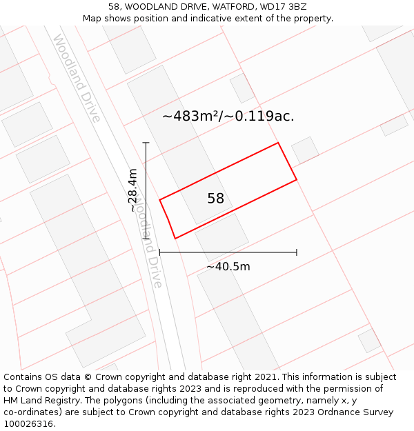 58, WOODLAND DRIVE, WATFORD, WD17 3BZ: Plot and title map