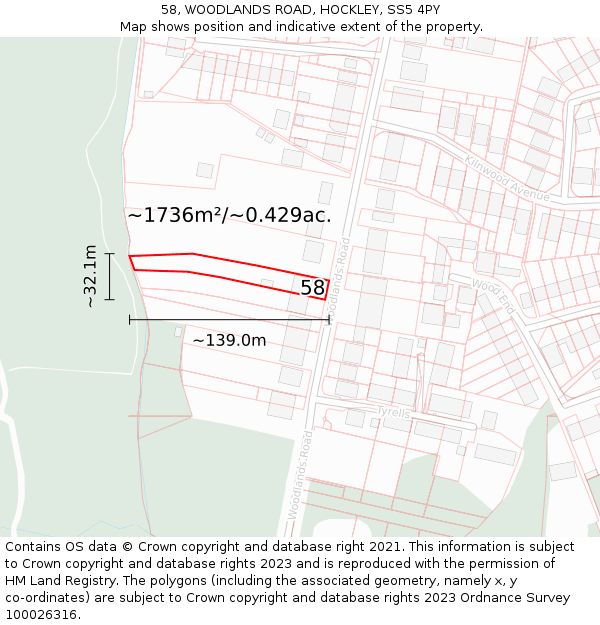 58, WOODLANDS ROAD, HOCKLEY, SS5 4PY: Plot and title map