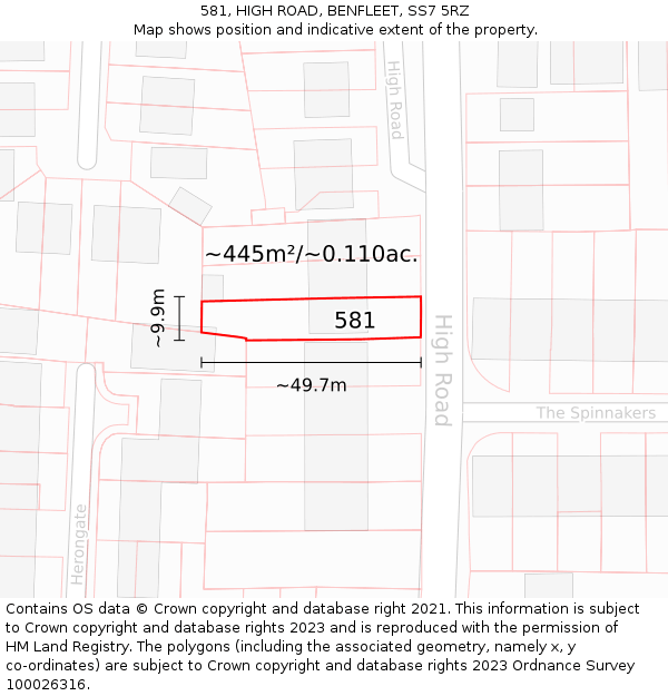 581, HIGH ROAD, BENFLEET, SS7 5RZ: Plot and title map