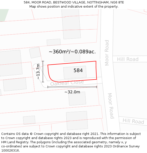 584, MOOR ROAD, BESTWOOD VILLAGE, NOTTINGHAM, NG6 8TE: Plot and title map