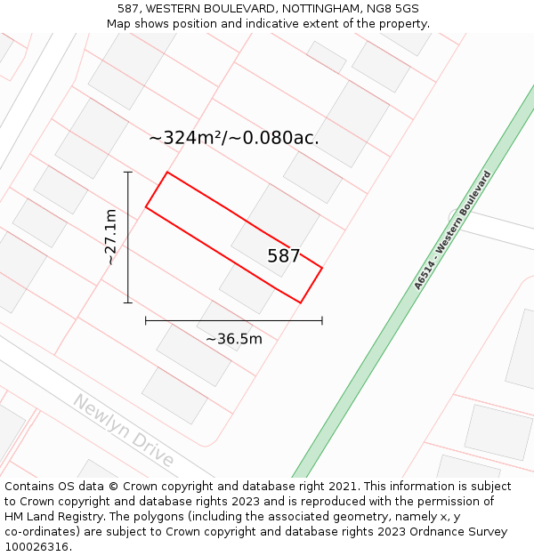 587, WESTERN BOULEVARD, NOTTINGHAM, NG8 5GS: Plot and title map