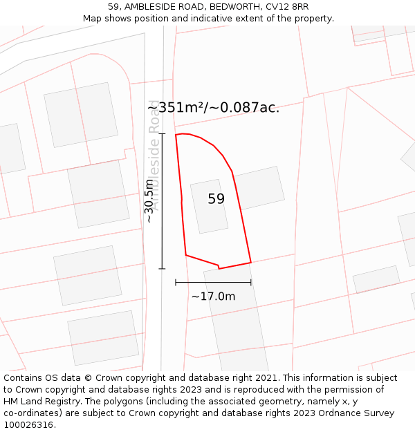 59, AMBLESIDE ROAD, BEDWORTH, CV12 8RR: Plot and title map