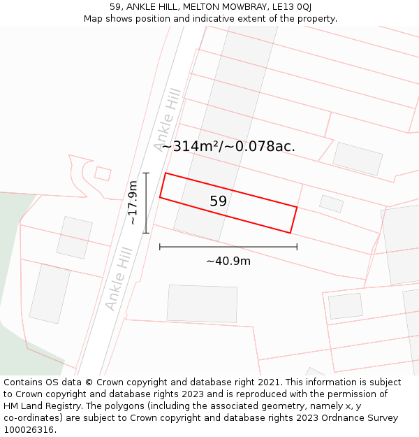 59, ANKLE HILL, MELTON MOWBRAY, LE13 0QJ: Plot and title map