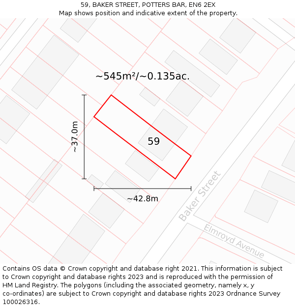 59, BAKER STREET, POTTERS BAR, EN6 2EX: Plot and title map