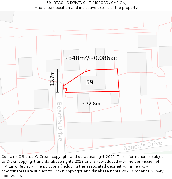 59, BEACHS DRIVE, CHELMSFORD, CM1 2NJ: Plot and title map