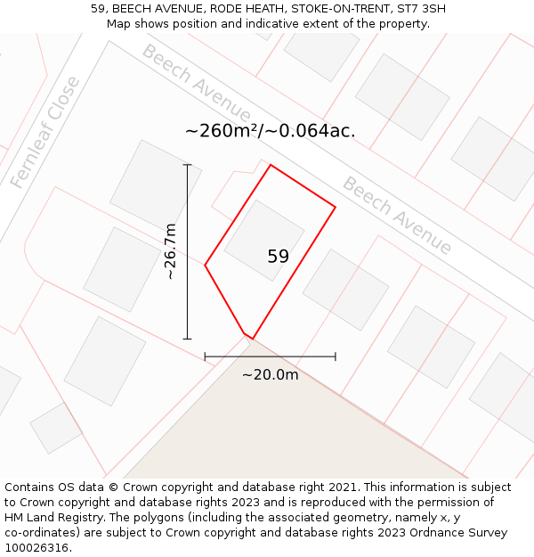 59, BEECH AVENUE, RODE HEATH, STOKE-ON-TRENT, ST7 3SH: Plot and title map