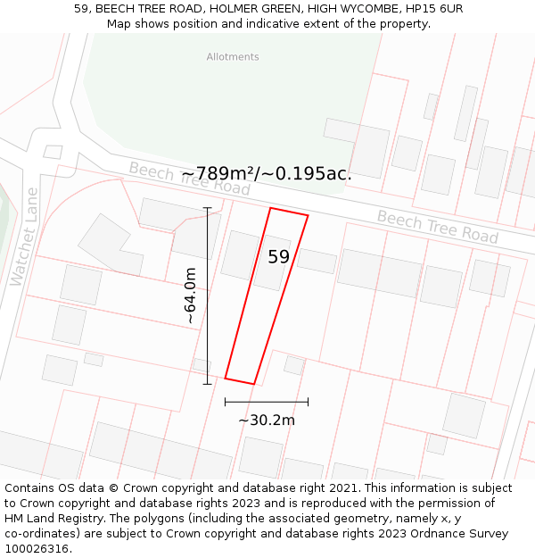59, BEECH TREE ROAD, HOLMER GREEN, HIGH WYCOMBE, HP15 6UR: Plot and title map