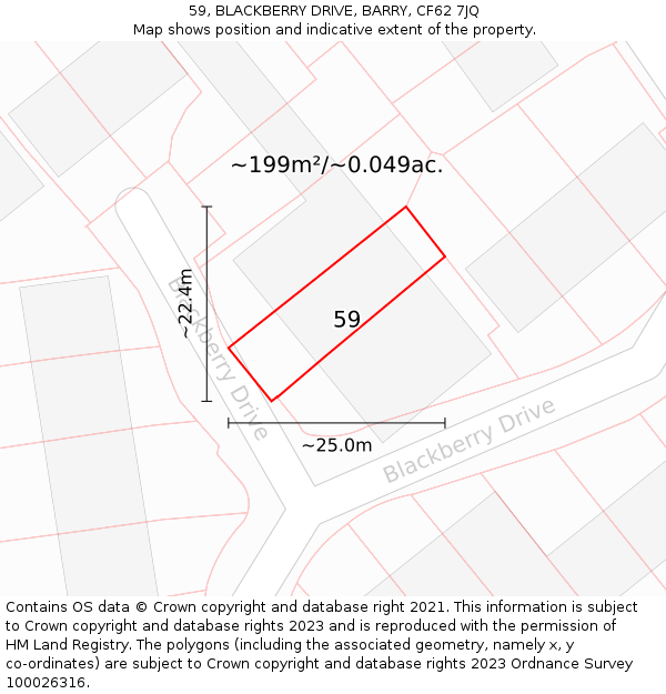 59, BLACKBERRY DRIVE, BARRY, CF62 7JQ: Plot and title map