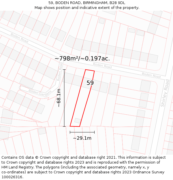 59, BODEN ROAD, BIRMINGHAM, B28 9DL: Plot and title map