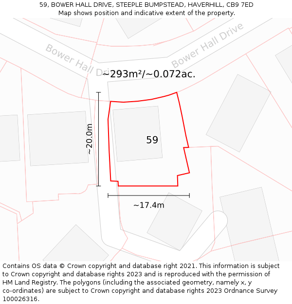 59, BOWER HALL DRIVE, STEEPLE BUMPSTEAD, HAVERHILL, CB9 7ED: Plot and title map