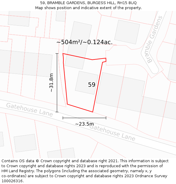 59, BRAMBLE GARDENS, BURGESS HILL, RH15 8UQ: Plot and title map