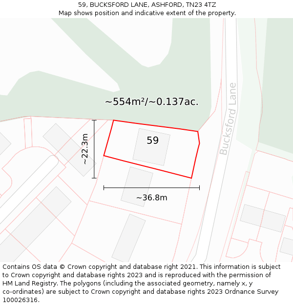 59, BUCKSFORD LANE, ASHFORD, TN23 4TZ: Plot and title map