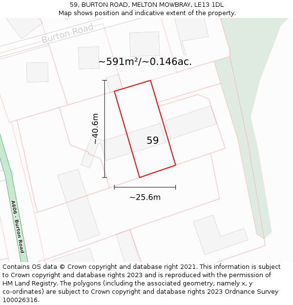 59, BURTON ROAD, MELTON MOWBRAY, LE13 1DL: Plot and title map