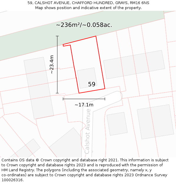 59, CALSHOT AVENUE, CHAFFORD HUNDRED, GRAYS, RM16 6NS: Plot and title map