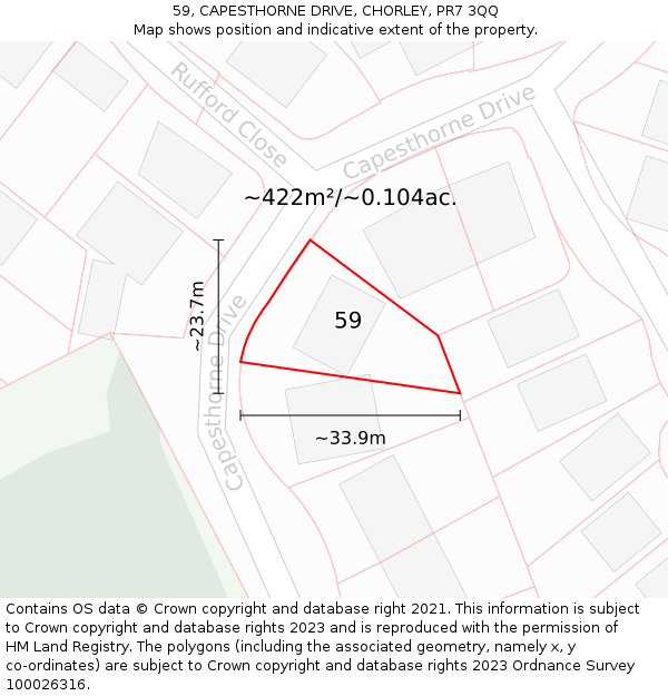 59, CAPESTHORNE DRIVE, CHORLEY, PR7 3QQ: Plot and title map