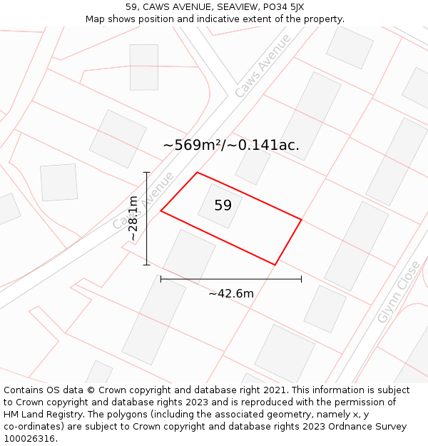 59, CAWS AVENUE, SEAVIEW, PO34 5JX: Plot and title map