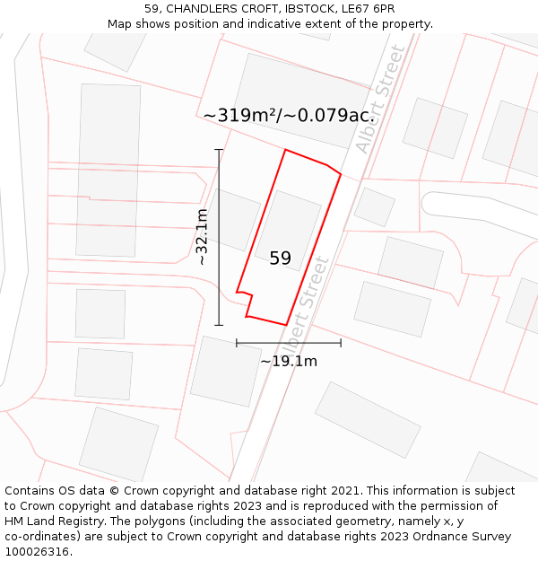 59, CHANDLERS CROFT, IBSTOCK, LE67 6PR: Plot and title map